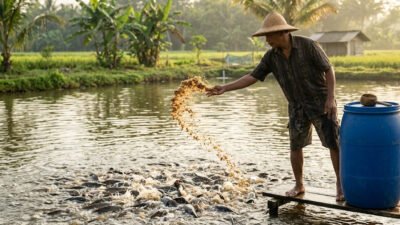 ilustrasi pemberian pakan lele dari dedak