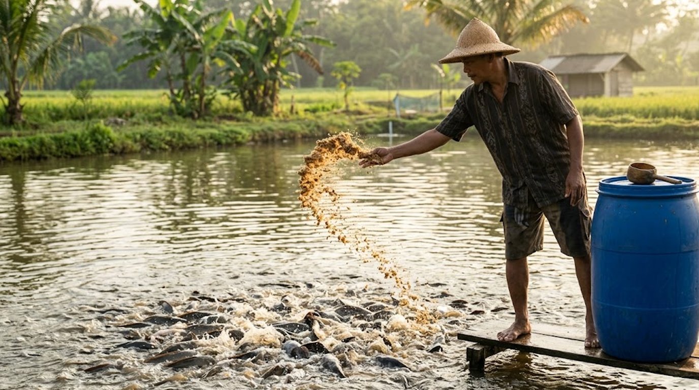 ilustrasi pemberian pakan lele dari dedak