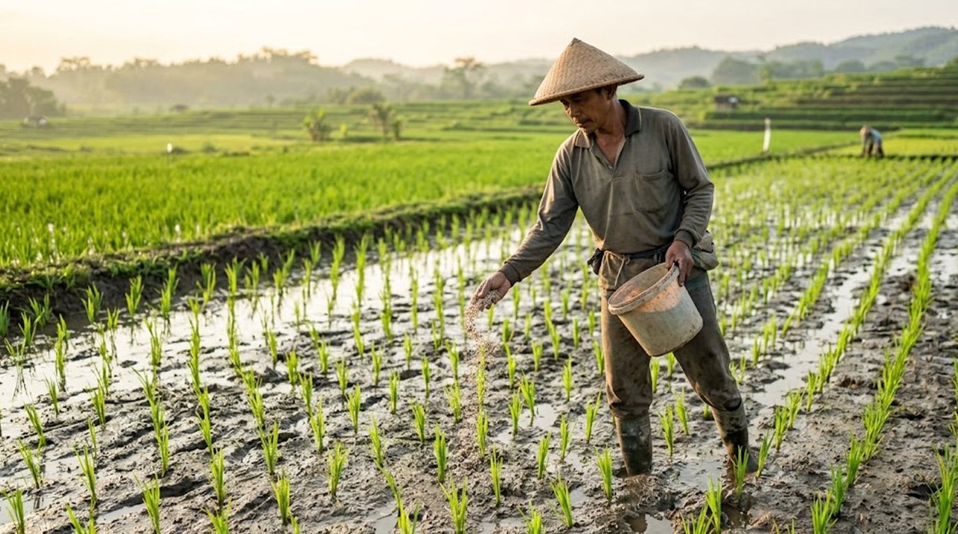 ilustrasi pemberian pupuk dasar padi